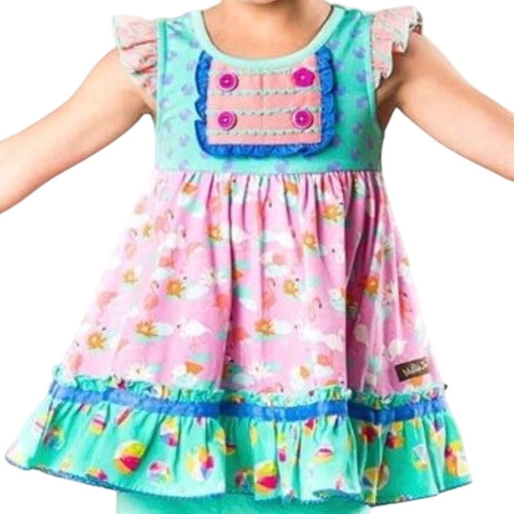 Matilda Jane Girls Flamingo Beach Ball Knit Dress Pink Aqua Size 6 Tunic Flutter